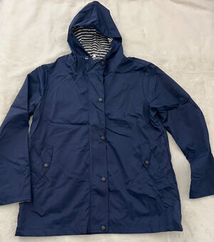 Women’s Navy Blue Hooded Rain Jacket Size Small Snap Front Lightweight Coat